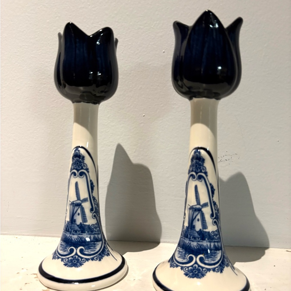 Vintage Delft Blue and White Tulip Candle Holders